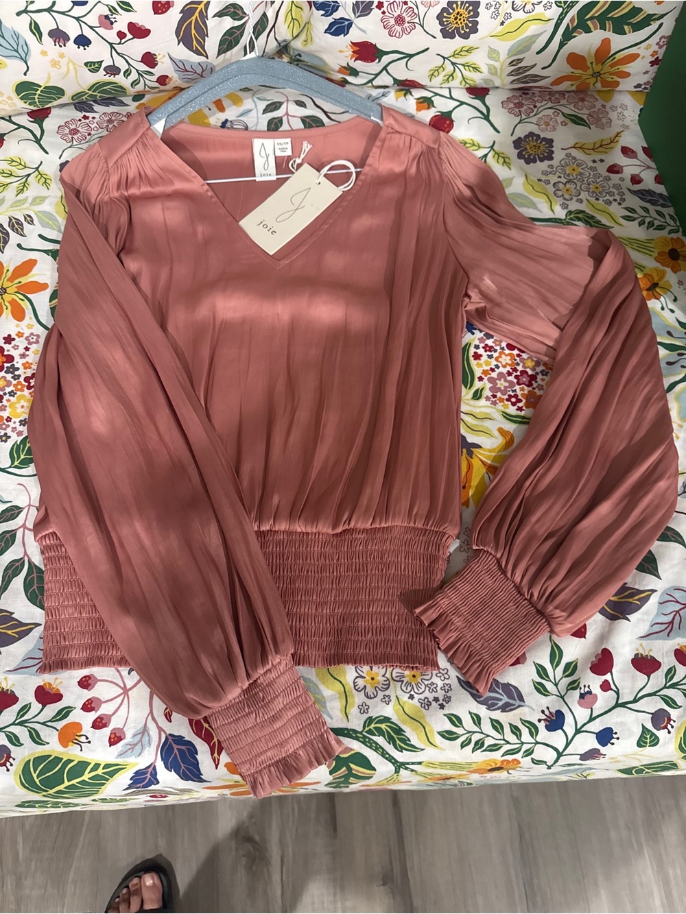 Joie Dusty Rose Pleated V-Neck Long-Sleeve Blouse
